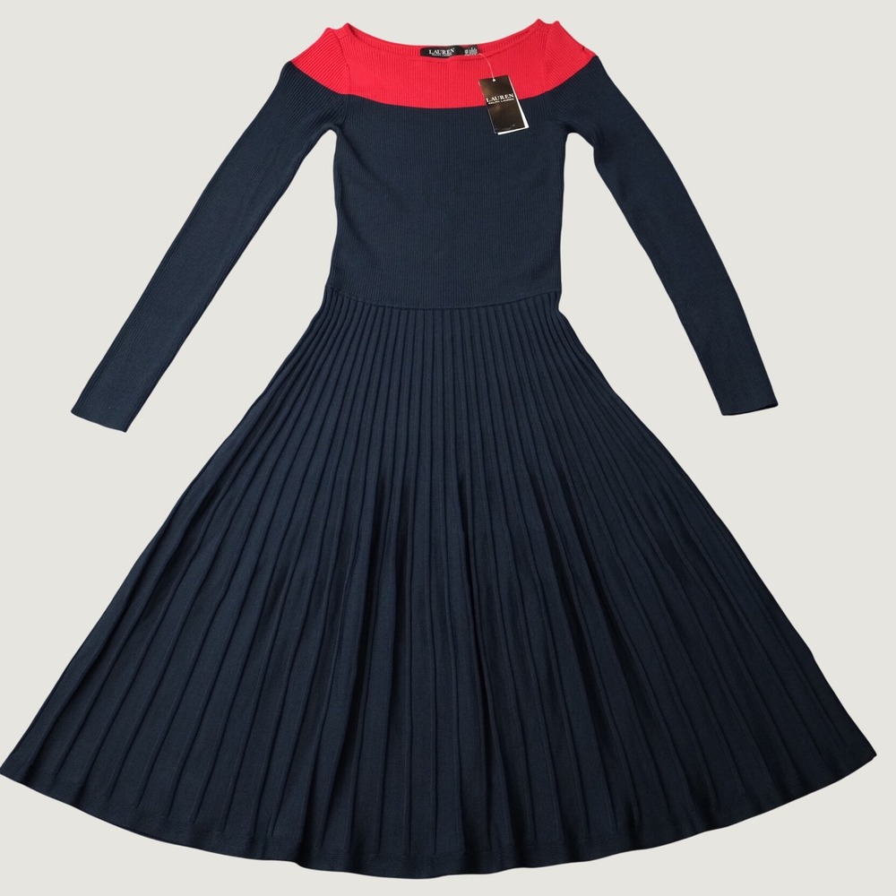 Lauren Ralph Lauren Dress XS Navy Red Colorblock Pleated Ribbed Knit Midi